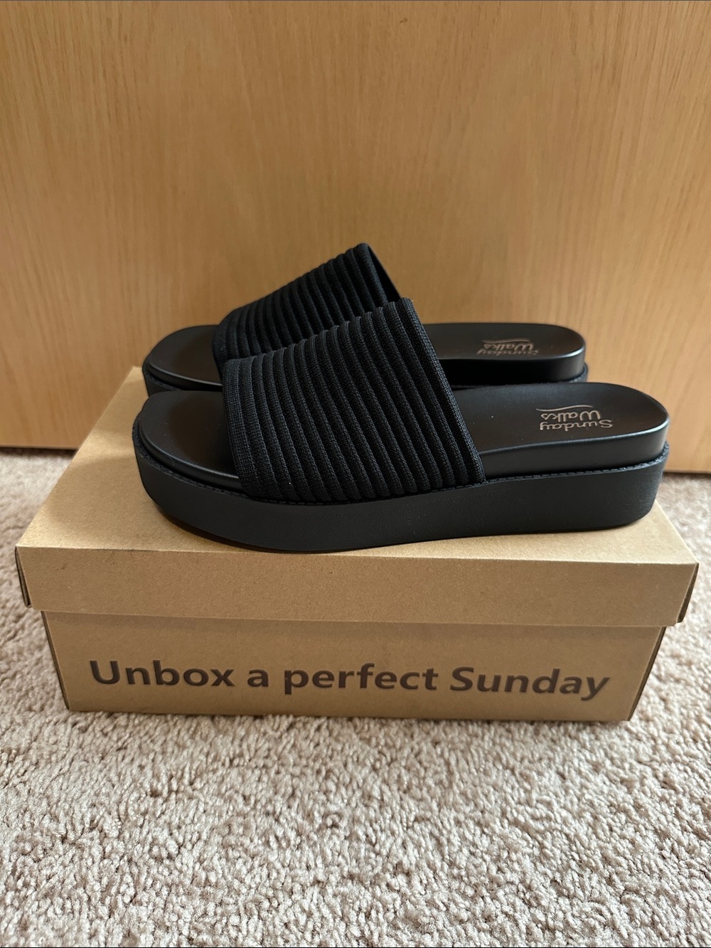 Black Ribbed Slide Platform Sandals - Picture 3 of 6